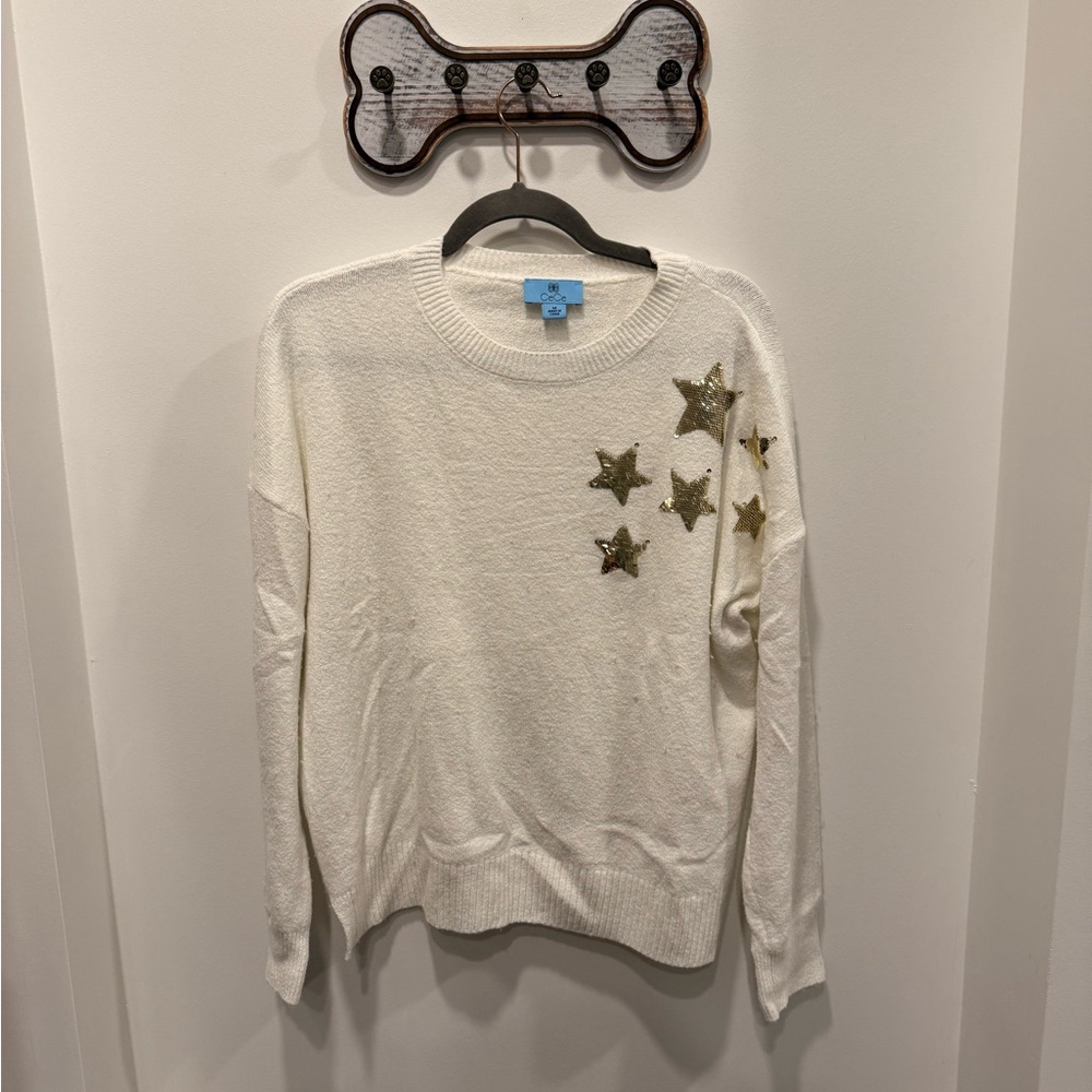 CeCe White Sweater with Gold Star Details